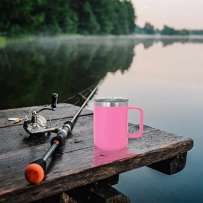 Clear Water Home Goods - (Bulk Pack of 12-15 oz Double Wall Coffee Mug with Lid and Handle, Double Insulated Stainless Steel Travel Tumbler Cup - Powder Coated - Pink