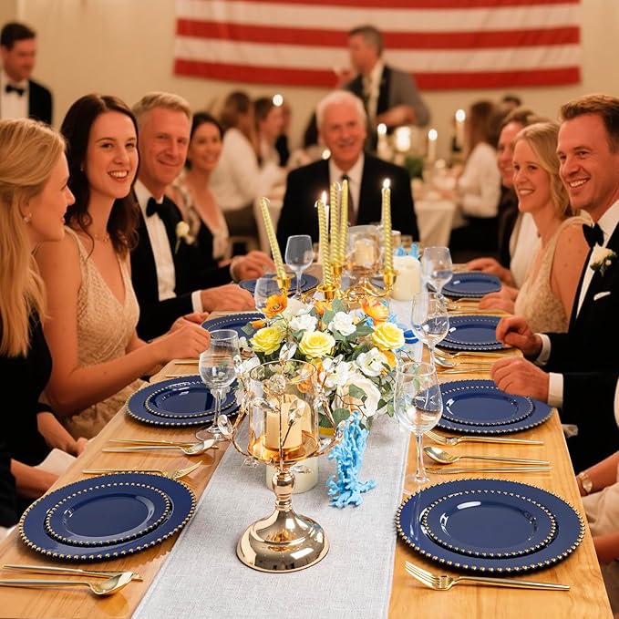 EI 60pcs Dark Blue Plastic Plates with Gold Rim Disposable,Blue Plastic Plates Disposable for Party,Heavy Duty Dinner/Dessert Fancy Elegant Plate for Wedding,Birthday,Afternoon Tea