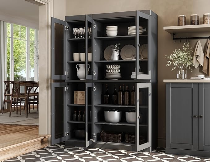 Palace Imports 100% Solid Wood 48.5" Pantry China Cabinet with Clear Glass Doors and Adjustable Shelves (Gray)