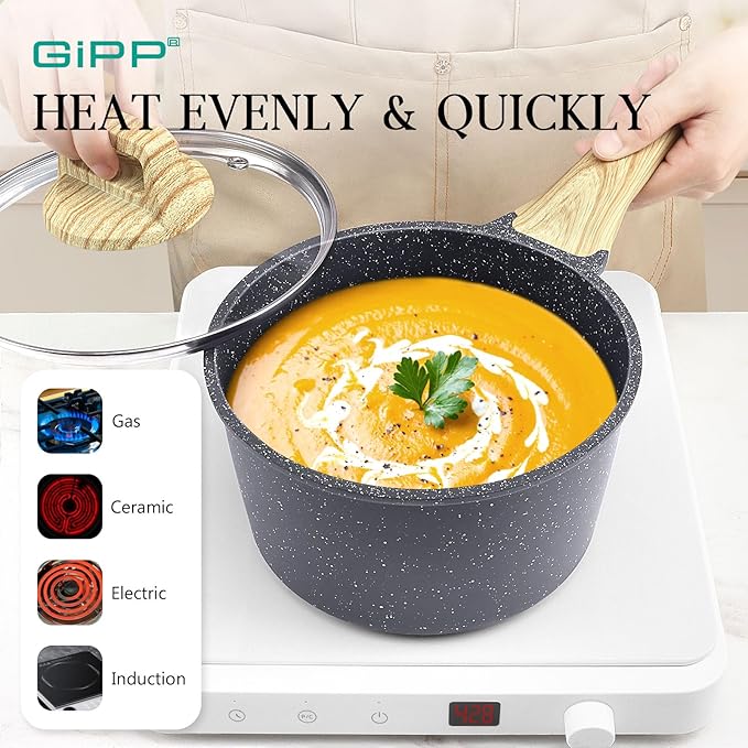 GiPP Pots and Pans Set Non Stick - 10 Pcs White Granite Kitchen Cookware Sets Nonstick Induction Cookware Cooking Pan Set with Frying Pans, Saucepans and Silicone Utensils, PFOS & PFOA Free, Gray