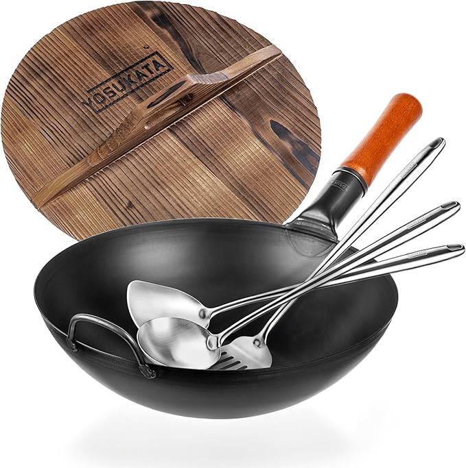 YOSUKATA Carbon Steel Wok Pan ??13,5 ??Stir Fry Pans with Flat Bottom + Wooden Wok Lid 13.5 in with Ergonomic Handle + 17" Spatula and Ladle and Turner