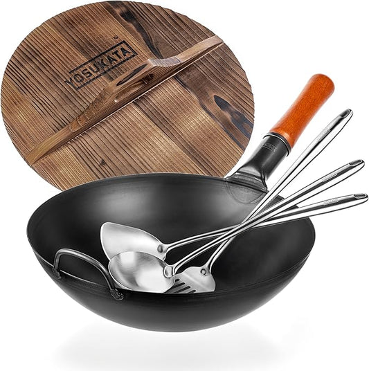 YOSUKATA Carbon Steel Wok Pan ??13,5 ??Stir Fry Pans with Flat Bottom + Wooden Wok Lid 13.5 in with Ergonomic Handle + 17" Spatula and Ladle and Turner