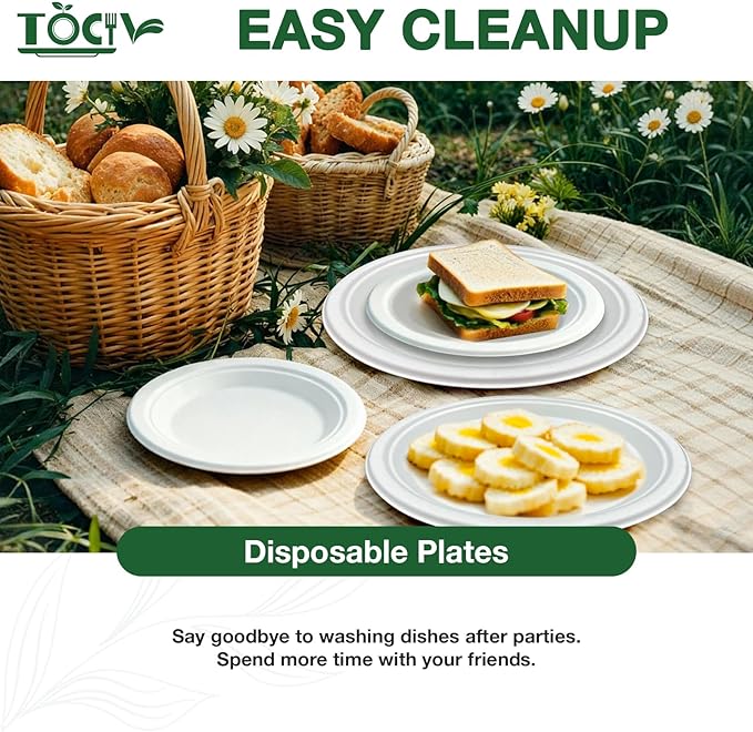 Compostable Paper Plates 250 Count 9in & 6in Disposable Dinner Dessert Salad Plates Heavy Duty Party Supplies for Birthday Holiday White