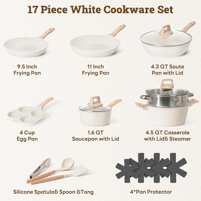 17 Pcs Pots and Pans Set Non stick竊똂ookware Sets White Granite Induction Cookware, Non-toxic Healthy Non Stick Kitchen Cooking Set with Frying Pans Set, Saucepans (PFAS, PFOA, PFOS Free) White