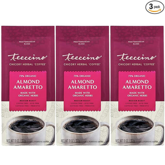 Teeccino Almond Amaretto Chicory Coffee Alternative - Ground Herbal Coffee That?™s Prebiotic, Caffeine Free & Acid Free, Medium Roast, 11 Ounce (Pack of 3)