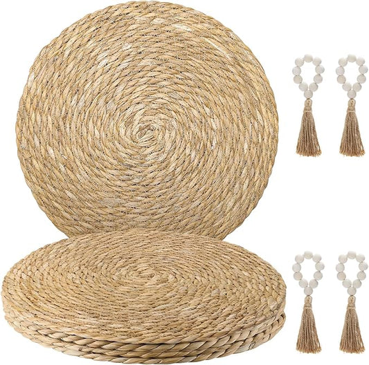 Hardcometrue Woven Placemats Set of 4, 13.8" Natural Water Hyacinth Round Rattan Placemats with Wooden Beads Napkin Rings for Kitchen Dining Table Decor