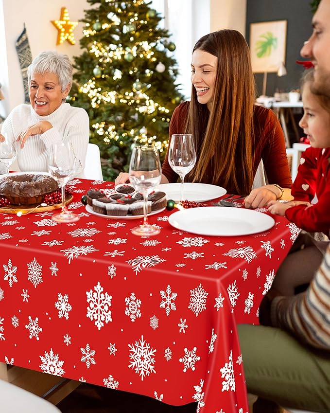 4 PACK Snowflake Tablecloths, 54" x 108" Holiday Party Decor, Red Snowflakes Tablecloth Xmas Plastic Tablecloth Disposable Table Cloth Rectangle Tablecover, Winter Decorations Holiday Party Supplies