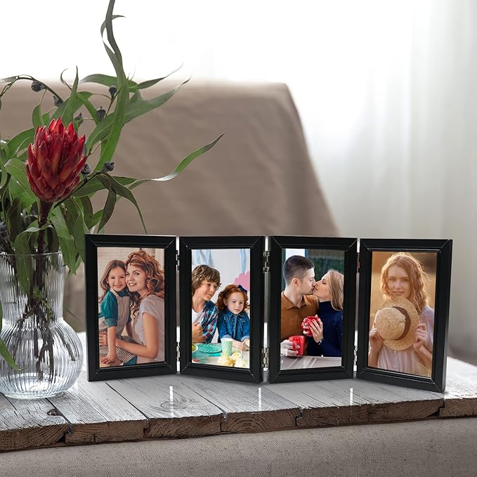 POILKMNI 4 Folding 4x6 Inch Hinged Picture Frame High Definition Natural Wood Picture Frame Rustic Desktop Acrylic Frame Family Photo Collage for Birthday Father's Day Christmas Family Lover Gift