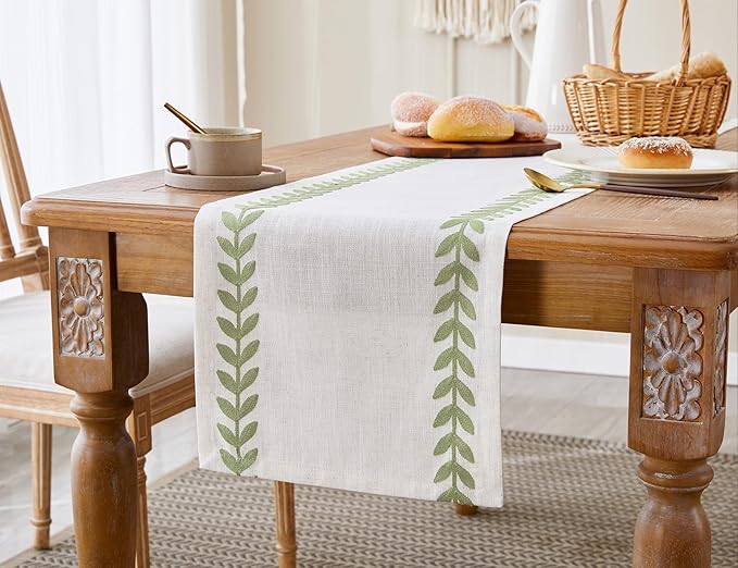 Wracra Embroidered Table Runner Irregular Willow Leaf Table Runners 60 Inches Long for Dresser Home Dining Table Decor,14 x 60 Inch, Light Sage Green