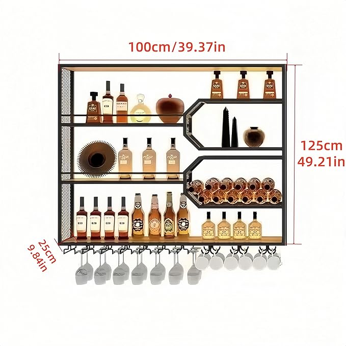 4-Tier Wine Rack Wall-Mounted & 39Inch Large Bar Shelf for Liquor Bottles, Black Metal Storage for Wine and Liquor Bottles in Home Bars or Dining Rooms (No Lighting, Left)