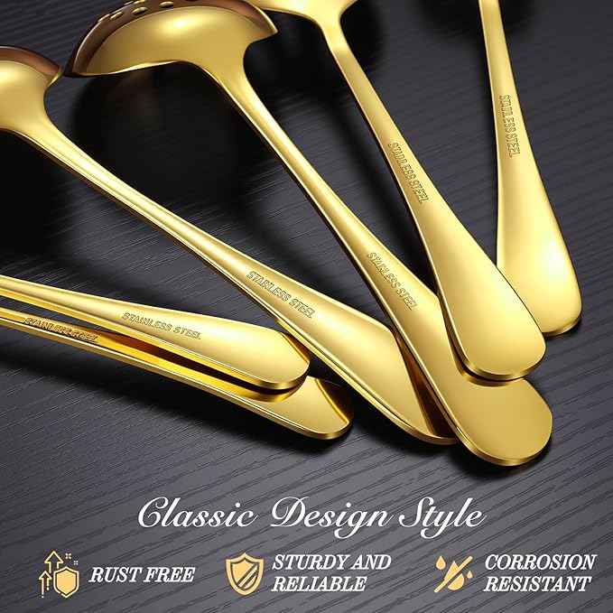 Mwellewm 17Pcs Serving Utensils, Gold Stainless Steel Large Serving Spoons, Slotted Spoon, Fork, Tongs, Cake Pie Server, Soup Spoon, Metal Buffet Banquet Cutlery Set for Parties Entertaining Catering