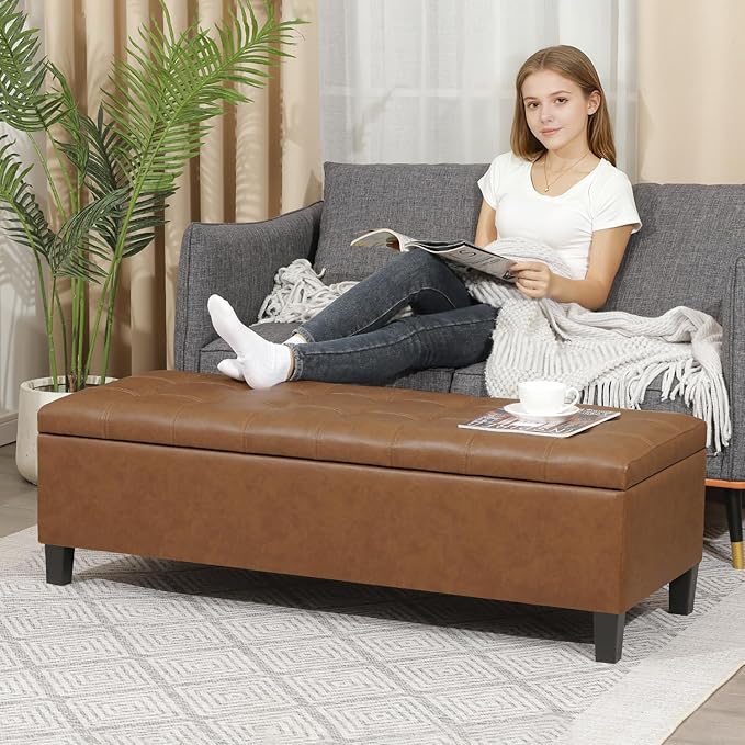 DECO DE VILLE Ottoman with Storage, 51 Inch Large Ottomans Storage Bench,Faux Leather Upholstered End of Bed Bench with Hinged Lid, Long Foot Rest Stool for Living Room Bedroom, Vintage Golden Brown