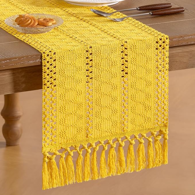 Socomi Boho Table Runner Macrame Valentine's Day Farmhouse Woven Cotton Linen Rustic Coffee Table Runner with Tassels for Dresser Scarf Home Decor Dining Room 12x90 in Yellow Gold