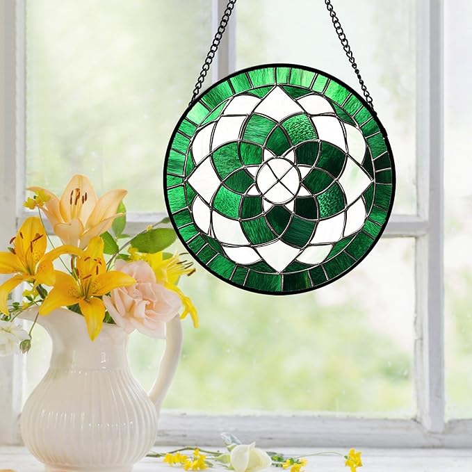 Stained Glass Window Hanging Abstract Green Flower Large 15" - Suncatcher Door Garden Sun Catcher Ireland Decor Birthday Mother's St. Ripack's Day Gift for Woman Mom Men Friend Nana Wife