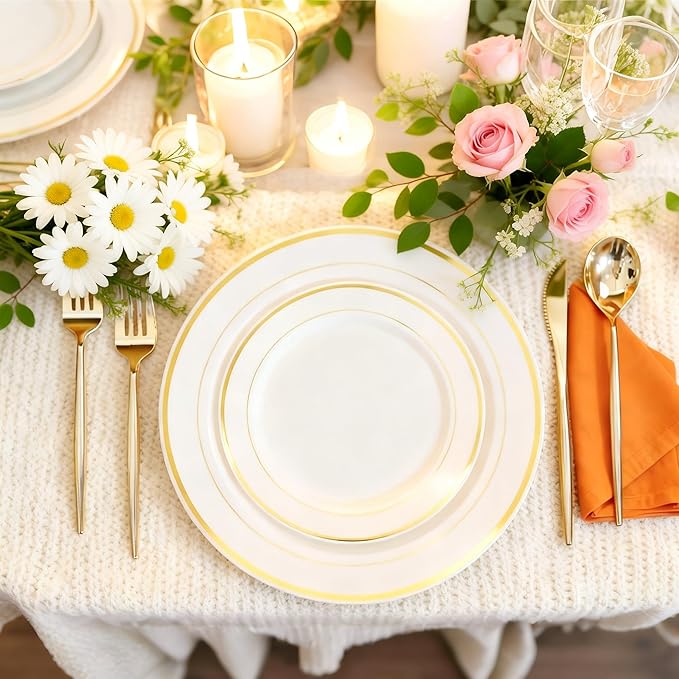 U-QE 100pcs Ivory Plastic Plates for Party - Ivory Gold Plastic Plates Disposable Heavy Duty - Include 50 10" Dinner and 50 7" Dessert Plate, Perfect for Party, Wedding