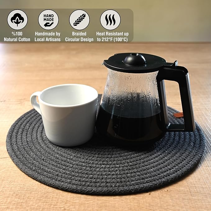 Round Placemats, Set of 4, Handmade by Braided Cotton Cord for Kitchen and Dining Table, Dia. 12.6 Inch, Doublesided, Heat Resistant, Dark Gray