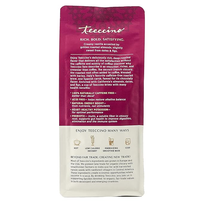 Teeccino Vanilla Nut Chicory Coffee Alternative - 11 Ounce - Ground Herbal Coffee That?™s Prebiotic, Caffeine Free & Acid Free, Medium Roast
