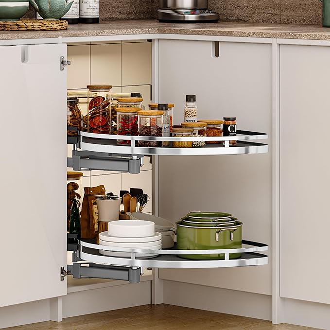DWVO Corner Cabinet Organizer, 2-Tier Blind Corner Pull Out with 270째 Rotating Shelf, Left Swing Tray, Heavy-Duty Iron, Easy-Install Template, 32.7"x17.3"x21.3", Gray