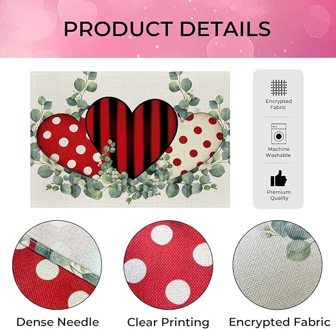Valentine Placemats Set of 4, 12x18 Inch Eucalyptus Hearts Table Mats, Seasonal Anniversary Holiday Valentines Day Table Decorations for Kitchen Dining Home Party Decor