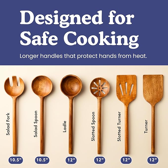 Non-Toxic Cooking Utensils ??6-Piece Kitchen Utensils Set, Glue-Free & One-Piece Wooden Spoons for Cooking, Natural Wooden Utensil Set with Plant-Based Finish, Free of Forever Chemicals