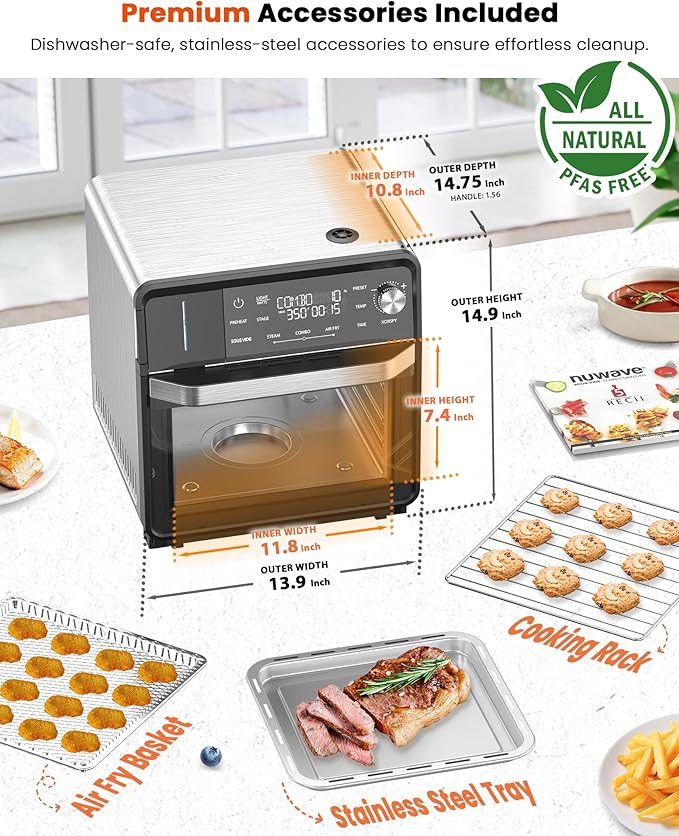 Nuwave Combi Steam Oven, Non-Toxic Stainless Steel Multi-Cooker with Air Fry, Steam, Sous Vide, Toast & More, 50-450째F Precision, 120 Presets, Moisture Control, Programmable, Easy to Clean