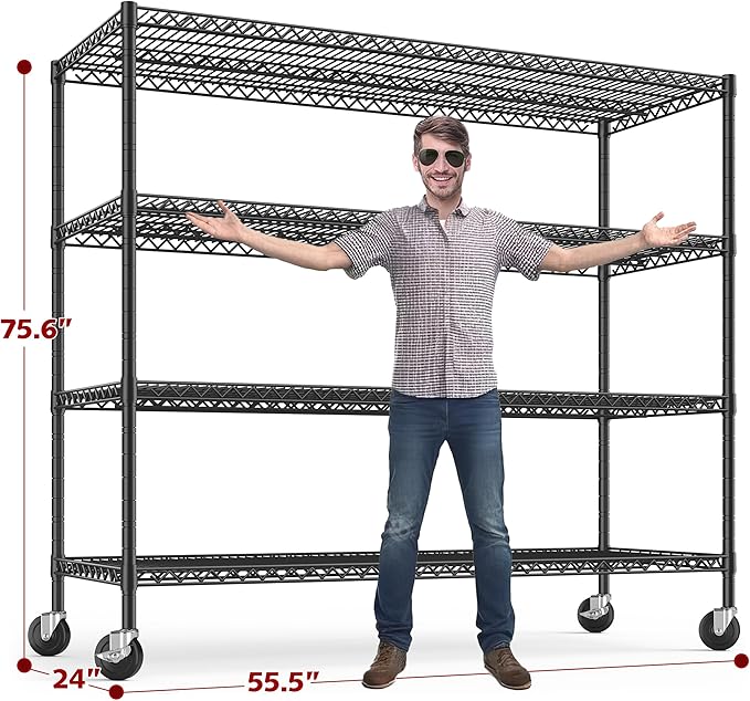 REIBII 75.6" H Storage Shelves Metal Shelving Unit with Wheels 55''W Garage Shelving Heavy Duty Wire Shelves for Storage Rack Adjustable Pantry Shelf Commercial Shelving,75.6" H X 55.5''W X 24" D