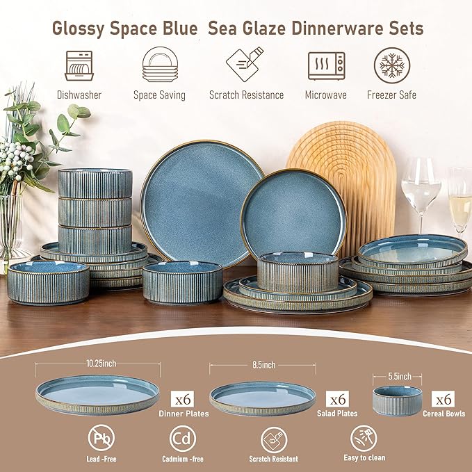 GBHOME Stoneware Dinnerware Sets for 6,Round Reactive Glaze Ceramic Plates and Bowls Set,Highly Scratch Resistant| Dishwasher & Microwave Safe Dishes Set,Service for 6(18pcs)