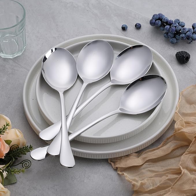 E-far Large Serving Spoons Set of 4, 9.8 Inch Stainless Steel Serving Utensils Set, Big Buffet Spoons for Party Catering Wedding Kitchen Restaurant, Dishwasher Safe