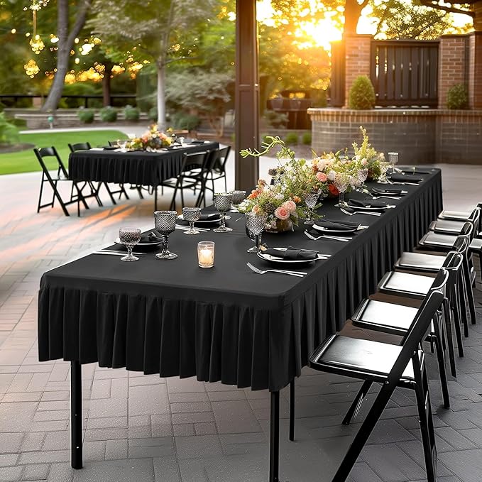 Wish Care 2 Pack Black Spandex Table Clothes for 8 Foot Rectangle Tables Wrinkle Free Stretch Fitted Tablecloths 8ft Pleated Ruffle Elastic Table Cover Skirt for Dining Outdoor Home Party Tablecloth