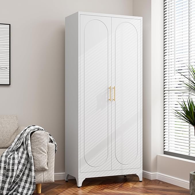 75??Tall Kitchen Pantry Cabinet,Metal Storage Cabinet with Doors and Adjustable Shelves,Modern Kitchen Hutch Cabinets,Freestanding Cupboard for Dining Living Room