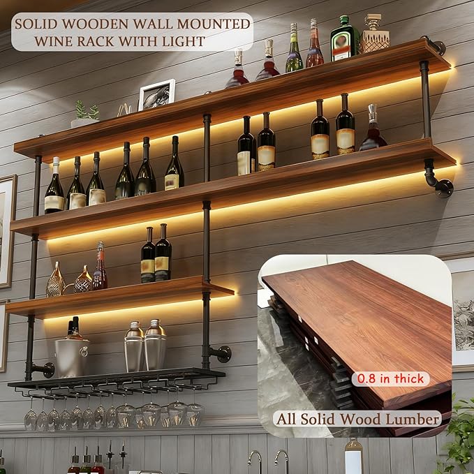 39.4in Large Solid Wood Wine Rack Wall Mounted, Wall Bar Shelves for Liquor Bottles with LED Light, 4 Tier Wine Glass Rack Capacity Liquor for Bar Living Room Dining Room Kitchen Cafe (39.4in/100cm)