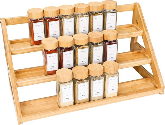 Spice Rack - 3-Tier Bamboo Spice Racks竊똕pice Rack Solves Cluttered Spices in Kitchens, Cabinets, Pantries, and More