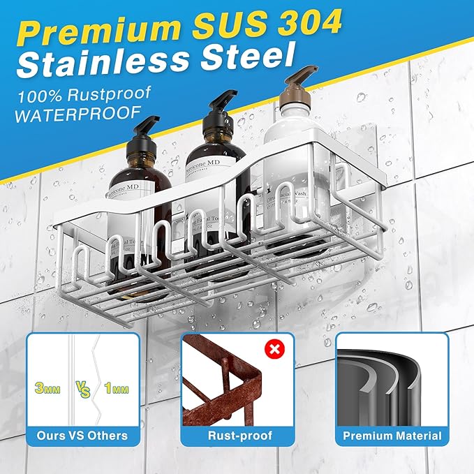 EUDELE 5-Pack Rustproof Stainless Steel Shower Caddy ??No Drill Adhesive Bathroom Organizer with Large Capacity, Spacious Shower Shelves for Inside Shower, Kitchen & Home Decor Storage-XL Size