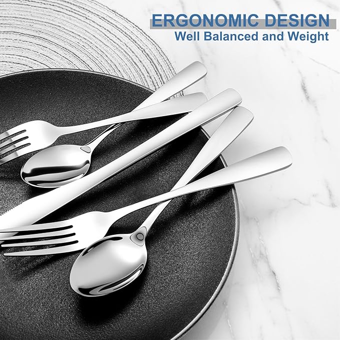 BEWOS 40 Piece Silverware Set - Stainless Steel Silverware Sets for 8 Include Spoon, Forks, Knives, Mirror Polished Flatware Set for Home, Kitchen, Restaurant, Dishwasher Safe