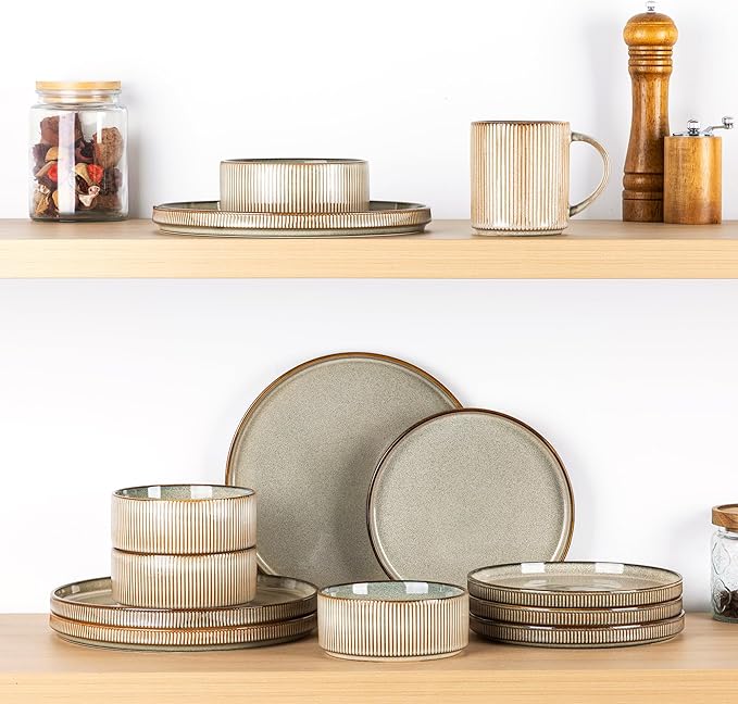 GBHOME Stoneware Dinnerware Sets for 6,Round Reactive Glaze Ceramic Plates and Bowls Set,Highly Chip and Crack Resistant | Dishwasher & Microwave Safe Dishes Set,Service for 6(18Pcs)