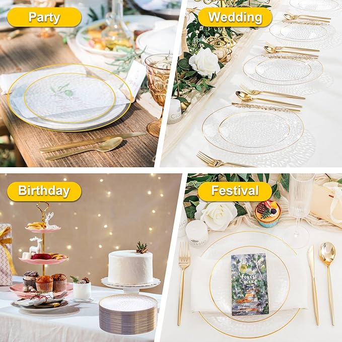 Rubtlamp 100 Pcs Clear Gold Plastic Plates, Hammered Party Plates, Clear Disposable Dessert Plates,Clear Gold Plates 7 Inch, Heavy duty Gold Plastic Dessert Plates Disposable For All Occasions