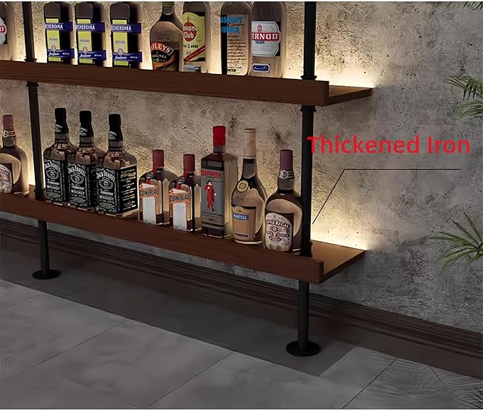 71 Inch Industrial Wall Mounted Wine Rack, 5-Tier Rustic Metal Floating Shelves, Large Capacity Wall Bar Shelves for Liquor Bottles for Home Bar & Dining Room, Walnut(Without Lights)