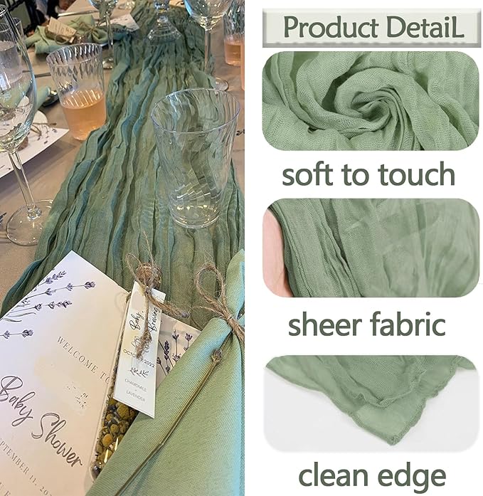 8 Pack Sage Green Cheesecloth Table Runner 20 x 120 inch Gauze Table Runners 10 FT Long,Semi Sheer Boho Cheese Cloth Fabric Table Runner Bulk for Wedding,Party,Baby Shower,Bridal Shower Decoration