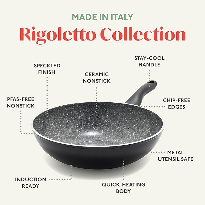 Rigoletto 11??Nonstick Wok Pan, Made in Italy, Layered Ceramic PFAS-Free Surface, Induction Ready Skillet, Dishwasher & Metal Utensil Safe, Granite Finish, Stay-Cool Handle, Black
