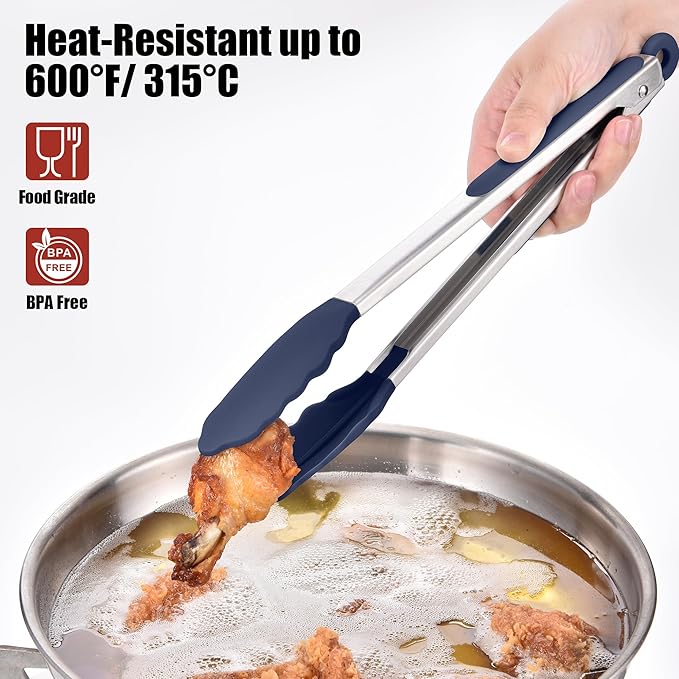 Doosu Kitchen Tongs for Cooking - 600째F Heat Resistant Food Tong with Non-Scratch Silicone Tips, Heavy Duty Stainless Steel Locking Tong for BBQ, Grilling Steak, Serving Salad Pasta (12in, Navy Blue)