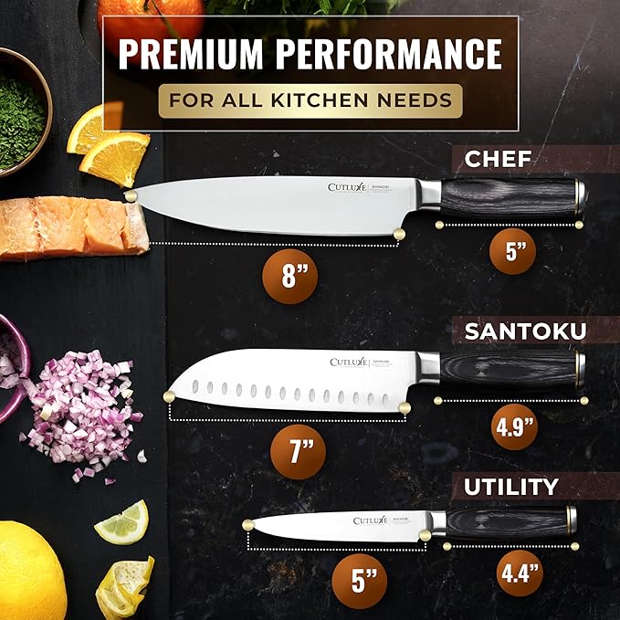 Cutluxe 3-Piece Chef Knife Set ??Ultra Sharp Japanese Kitchen Knives, High Carbon Stainless Steel Blades, Full Tang Pakkawood Handles ??Shinobi Series