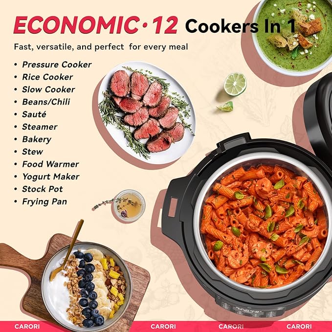 1200W 12-in-1 Electric Pressure Cooker 8Qt, Stainless Steel Pressure Cooker, Slow Cook Rice Cooker Steamer Saut챕, Yogurt Maker, Warmer & Sterilizer with Recipe, Safer Venting Design, Black
