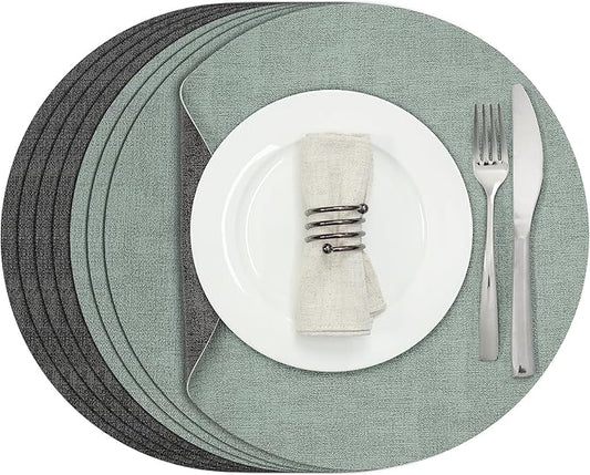 Myir JUN Round Placemats Dual Sided, Faux Leather Place Mats Set of 8 Indoor for Dining Table Outdoor Non-Slip Washable Table Mats (Set of 8, Gray Sage Green)