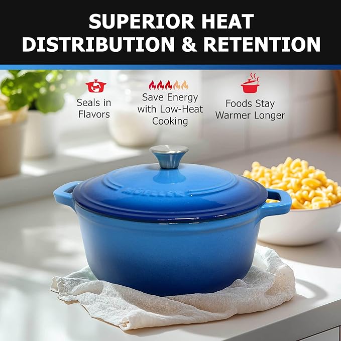 MUELLER HOME 7.5 QT Enameled Cast Iron Dutch Oven, Heavy-Duty Casserole Dish and Braiser Pan with Lid and Stainless Knob, Oven-Safe up to 500째 F & Across All Cooktops, Aqua Blue