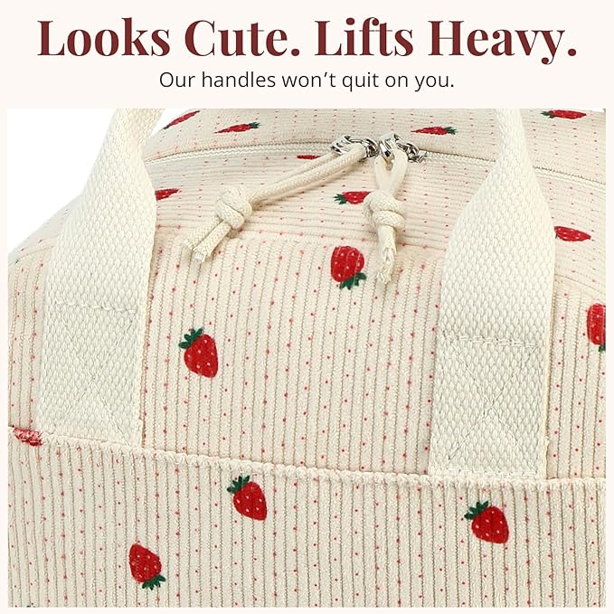 LOVELYWIND Insulated Strawberry Lunch Bag for Women, Stylish Corduroy Tote with Aluminum Lining, Large Capacity Reusable Cooler for Work, Travel, Beach or Picnic, Beige Cream Water-Resistant Lunch Box