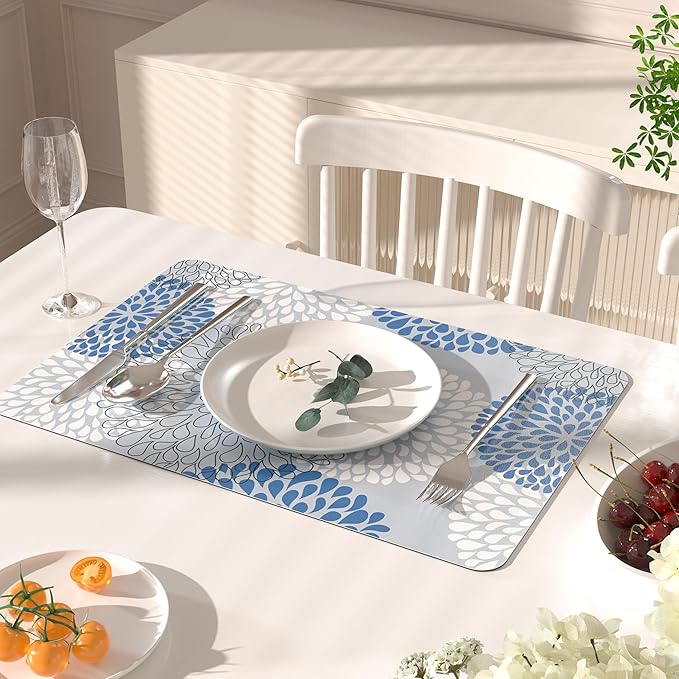 QIYI Placemats Set of 6, 12x18 Inch Faux Leather Place Mats for Kitchen Dinning, Heat Resistant Anti Slip Flower Table Mats, Waterproof Wipeable Washable Placemat Party Table D챕cor, Blue Floral Burst