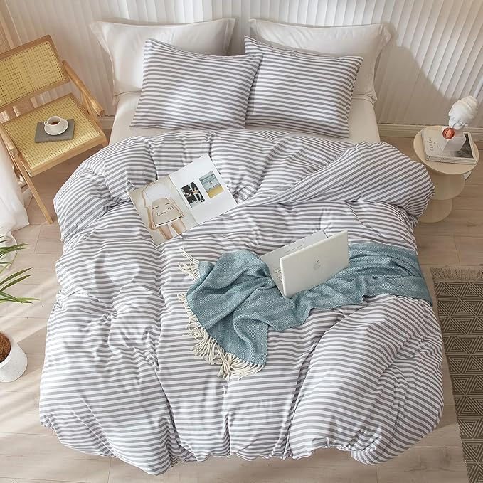Queen Comforter Set Grey White Stripes Comforter 3 Pieces Fluffy Soft Lightweight Bedding Comforter for All Season Down Alternative Comforter Boho Farmhouse Bedding Striped Comforter Set