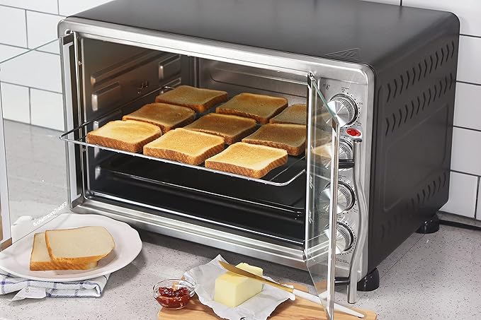 Elite Gourmet ETO4510B French Door 47.5Qt, 18-Slice Convection Oven 4-Control Knobs, Bake Broil Toast Rotisserie Keep Warm, Includes 2 x 14" Pizza Racks, Stainless Steel