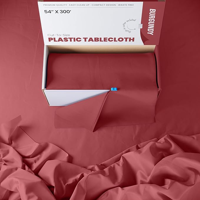 Party Solids 54 Inch X 300 Feet Burgundy Plastic Table Cover Roll in A Cut - to - Size Box with Convenient Slide Cutter. Cuts Up to 36 Rectangle 8 Feet Plastic Disposable Tablecloths