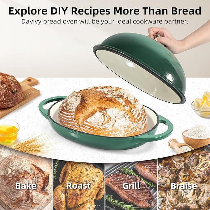 Davivy 6QT Oval Dutch Oven for Sourdough with Lid, Cast Iron Bread Oven Bread Pan with Silicone Baking Mat, Cast Iron Bread Pan Sourdough Bread Cloche Dutch Oven- Forest Green